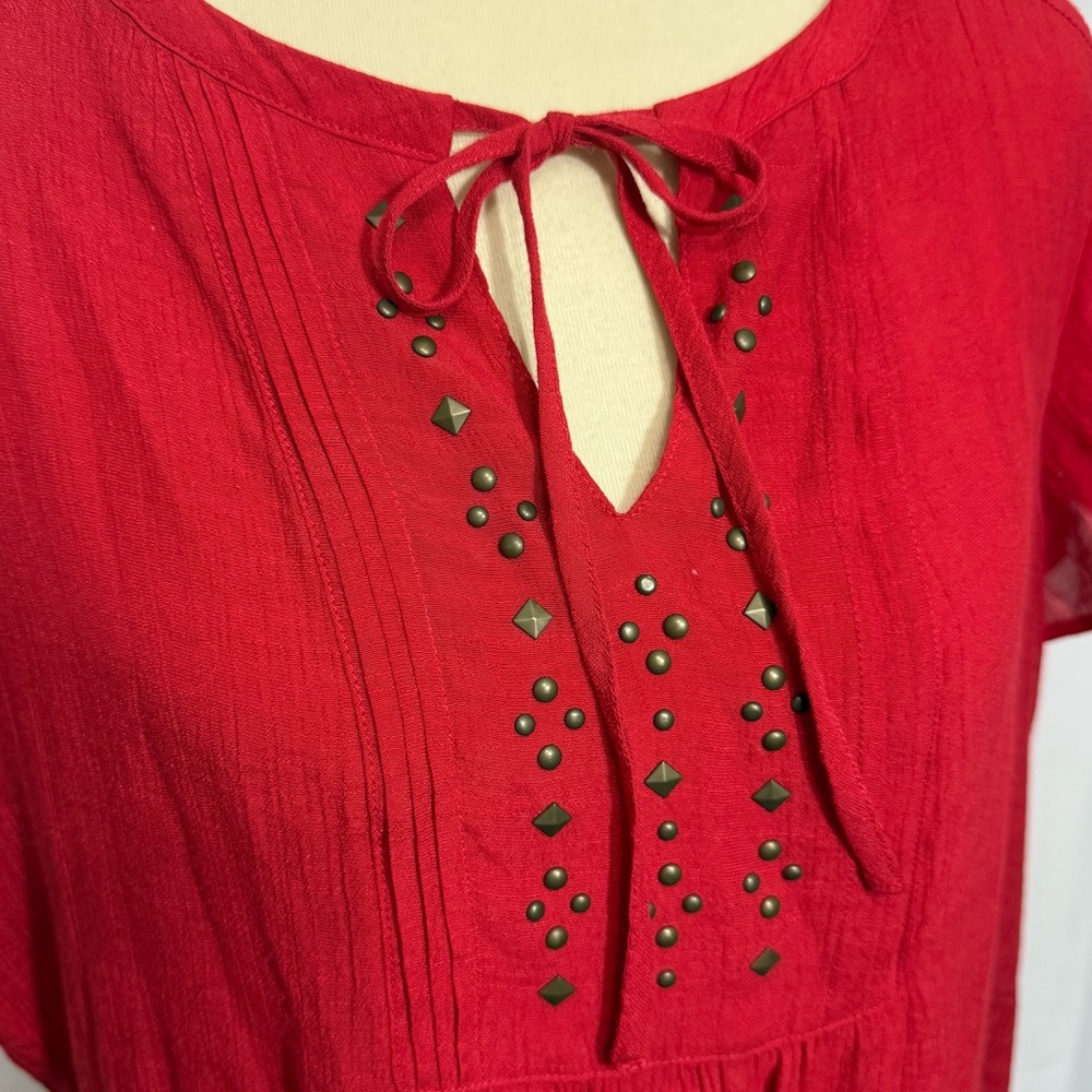 Liz Claiborne Size Large Red Short Sleeve Tie Front Blouse - Picture 8 of 12